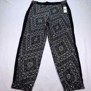 New NYDJ Black White Mosaic Print Pull On‎ Pants Tuxedo Stripe Size L S4U0373